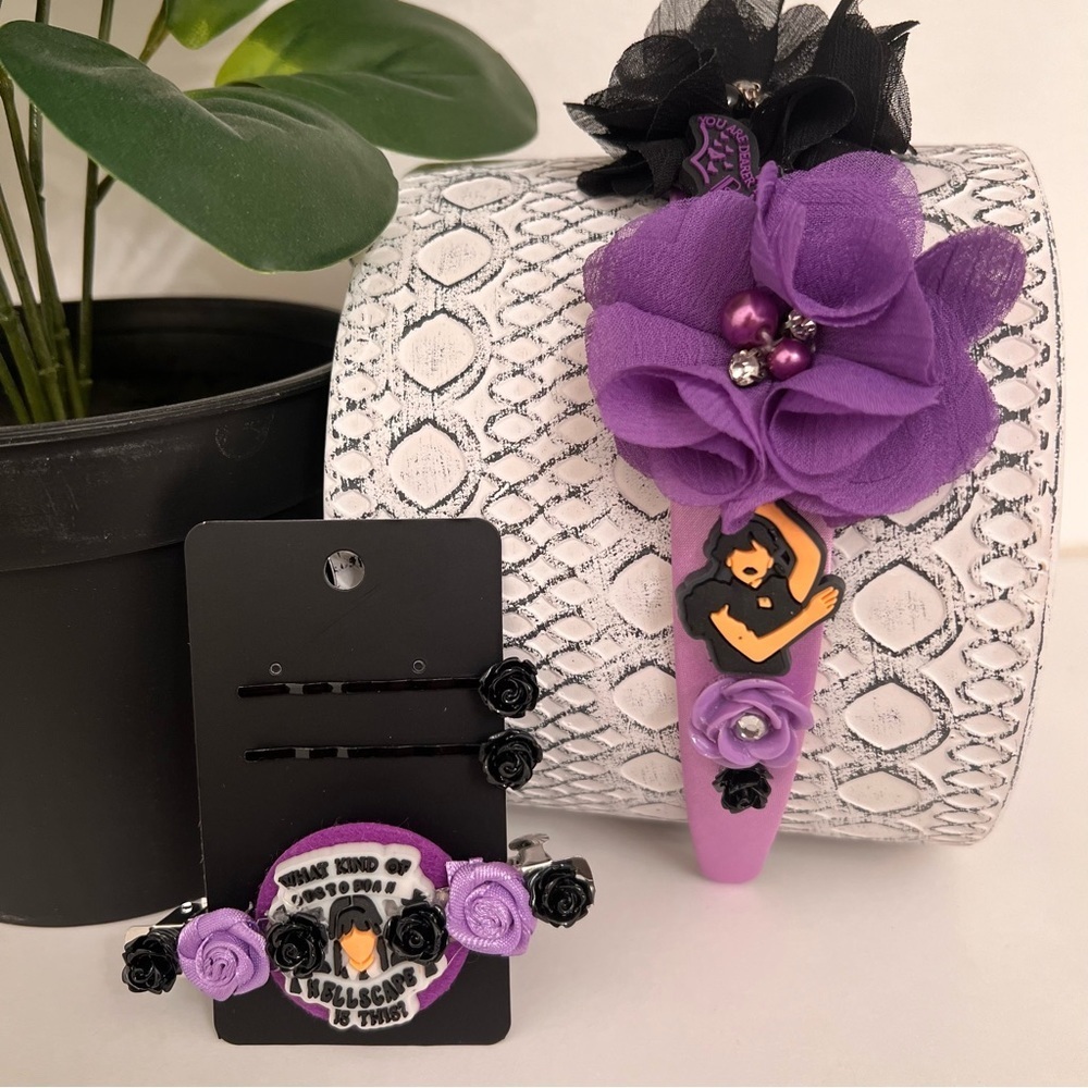 Wednesday Addams Family headband clips handmade purple black girls women